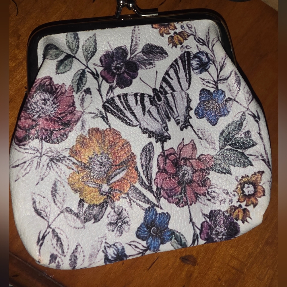 White Buckle Coin Purse Pouch Change Purse XS With Multi Colored Butterflies